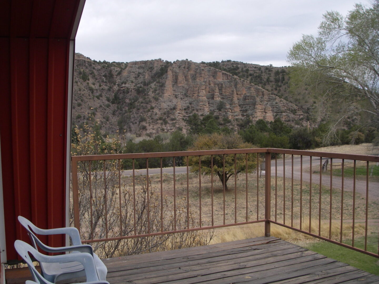 A view of a mountain from the deck.