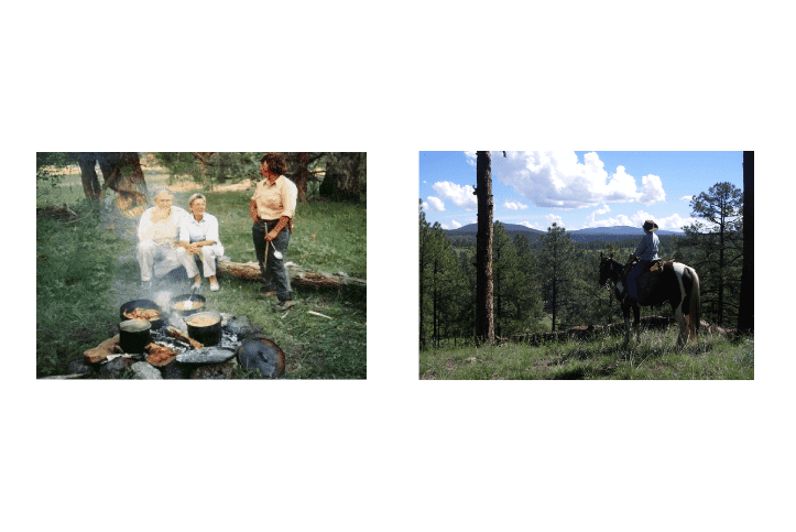 Two pictures of people cooking on a fire pit and horseback riding.